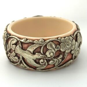 Elegant Pink and Silver Floral Statement Bangle Bracelet